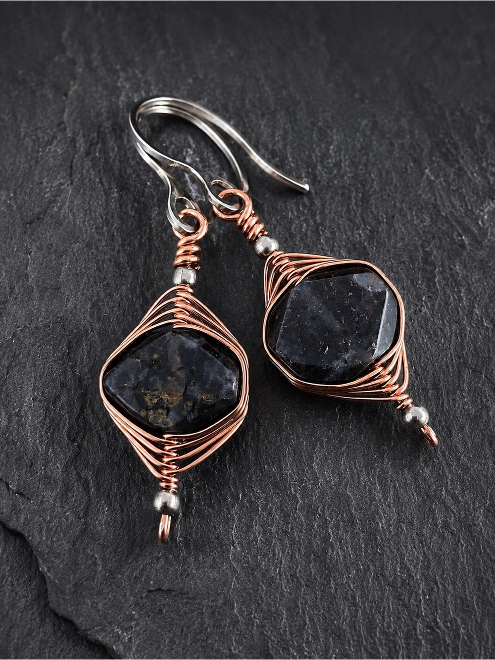 Copper wire wrapped natural iolite gemstone earrings stainless steel